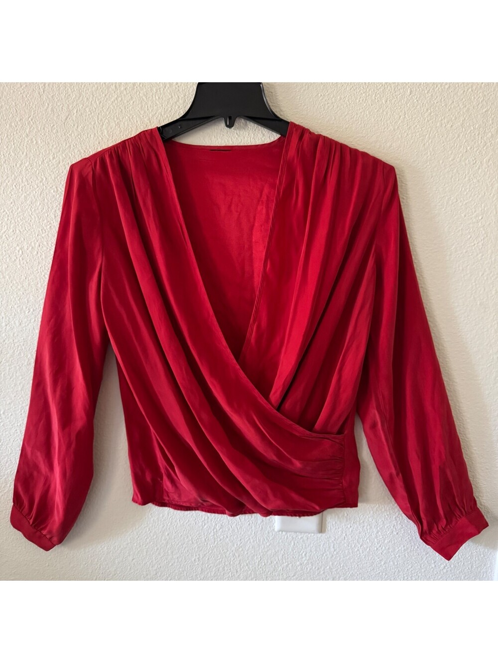 Red Crossover 100% Silk Blouse M/L Surplice Plunging V-neckline Faux Wrap Top